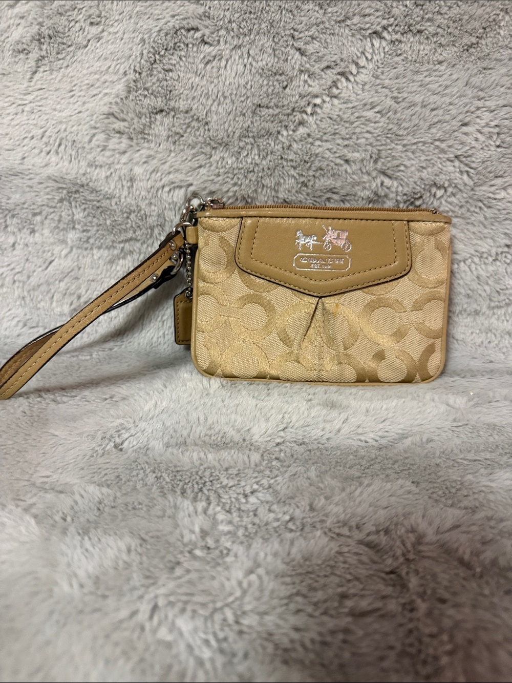 Coach Tan Signature Canvas Wristlet Clutch with Logo Plaque